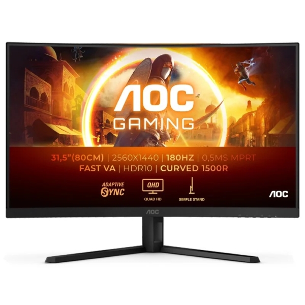 AOC G4 Monitor 31.5\" Curvo 1500R LED Fast VA QHD 180Hz HDR10 - Respuesta 1ms - Angulo de Vision 178° - HDMI, DisplayPort, Audio - Montaje VESA 100x100