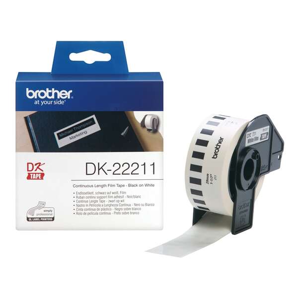 Brother DK22211 - Etiquetas Originales de Tamaño personalizado de pelicula plastica - Ancho 29mm x 15,24 metros - Texto negro sobre fondo blanco Brother DK22211 - Etiquetas Originales de Tamaño personalizado de pelicula plastica - Ancho 29mm x 15,24 metros - Texto negro sobre fondo blanco