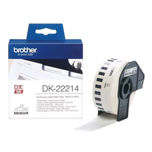 Brother DK22214 - Etiquetas Originales de Tamaño personalizado - Ancho 12mm x 30,48 metros - Texto negro sobre fondo blanco Brother DK22214 - Etiquetas Originales de Tamaño personalizado - Ancho 12mm x 30,48 metros - Texto negro sobre fondo blanco