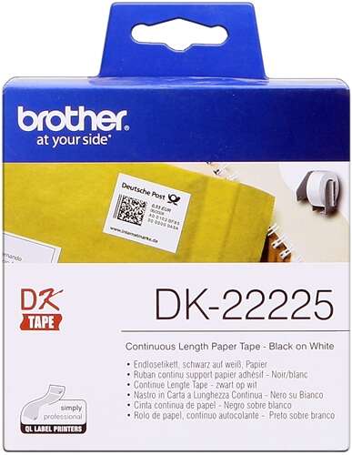 Brother DK22225 - Etiquetas Originales de Tamaño personalizado - Ancho 38mm x 30,48 metros - Texto negro sobre fondo blanco Brother DK22225 - Etiquetas Originales de Tamaño personalizado - Ancho 38mm x 30,48 metros - Texto negro sobre fondo blanco