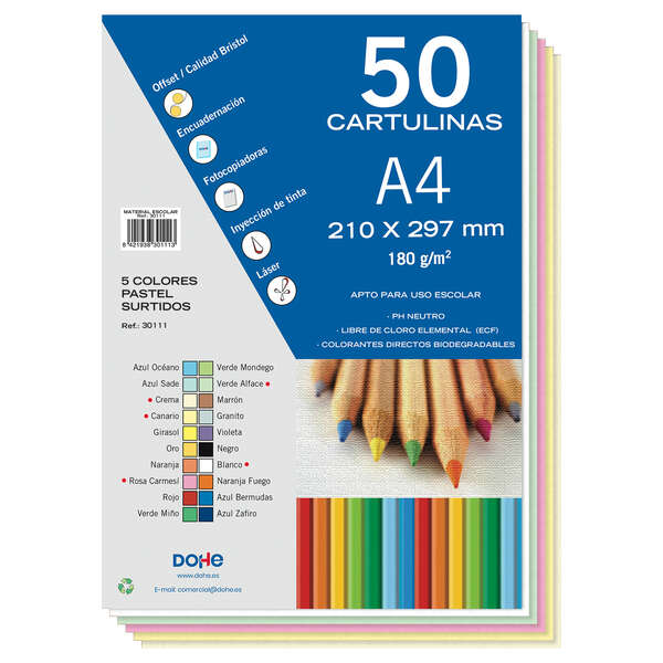 Dohe Pack de 50 Cartulinas A4 de 180gr - Con PH Neutro - Libres de Cloro Elemental - Colores Pastel Surtidos