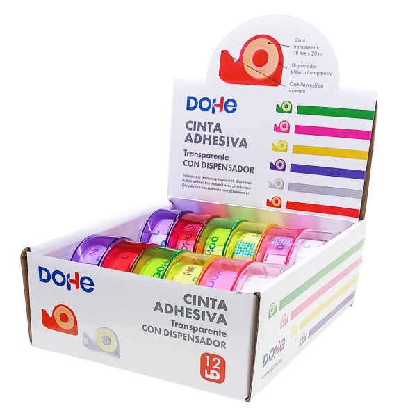 Dohe Expositor con 12 Mini Portarrollos - Cinta Adhesiva 18mm x 20m - Colores Surtidos Dohe Expositor con 12 Mini Portarrollos - Cinta Adhesiva 18mm x 20m - Colores Surtidos