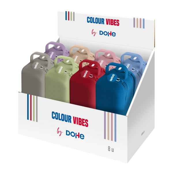 Dohe Colour Vibes Expositor con 8 Portatodo - 2 Cremalleras - Tirador de Goma - Silicona de Tacto Suave - Asa Lateral - Colores Surtidos Dohe Colour Vibes Expositor con 8 Portatodo - 2 Cremalleras - Tirador de Goma - Silicona de Tacto Suave - Asa Lateral - Colores Surtidos