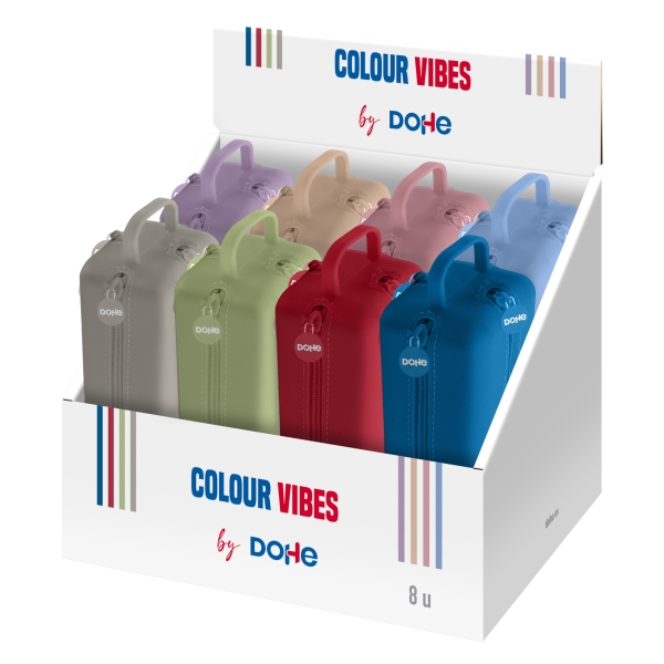 Dohe Vibes Expositor con 8 Portatodo - 4 Cremalleras - Tirador de Goma - Silicona de Tacto Suave - Asa Lateral - Colores Surtidos Dohe Vibes Expositor con 8 Portatodo - 4 Cremalleras - Tirador de Goma - Silicona de Tacto Suave - Asa Lateral - Colores Surtidos