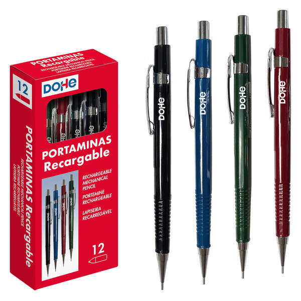 Dohe Portaminas Recargable - Cuerpo de Plastico - Zona Estriada para Agarre - Clip, Pulsador y Punta Metalica - Goma de Borrar - para Minas de 0.5mm