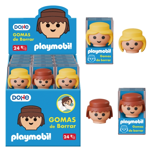 Dohe Playmobil Expositor de 24 Gomas de Borrar - Fabricadas en PVC - Con Forma de los Muñecos Playmobil