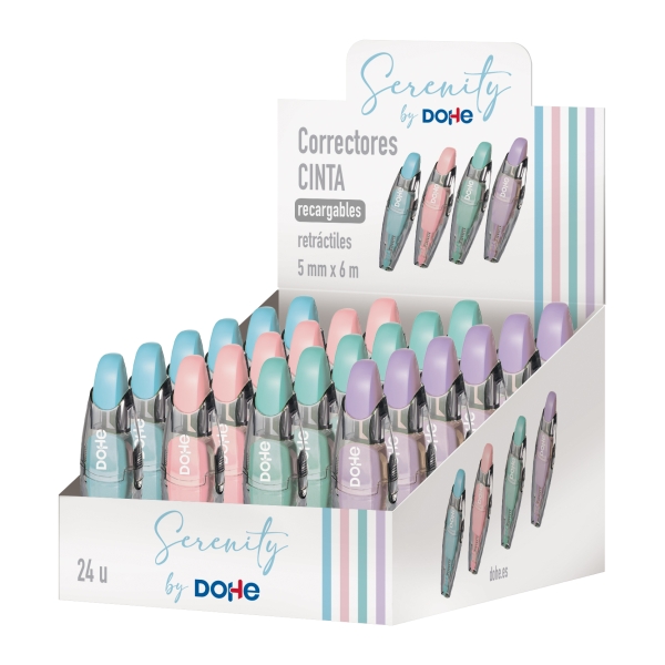Dohe Serenity Expositor con 24 Cintas Correctoras - 5mm x 6m - Pulsador Retractil - Recargable - Cuerpo Ergonomico - Colores Surtidos Dohe Serenity Expositor con 24 Cintas Correctoras - 5mm x 6m - Pulsador Retractil - Recargable - Cuerpo Ergonomico - Colores Surtidos