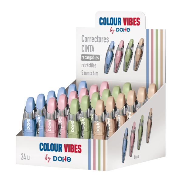 Dohe Colour Vibes Expositor con 24 Cintas Correctoras - 5mm x 6m - Pulsador Retractil - Recargable - Cuerpo Ergonomico - Colores Surtidos Dohe Colour Vibes Expositor con 24 Cintas Correctoras - 5mm x 6m - Pulsador Retractil - Recargable - Cuerpo Ergonomico - Colores Surtidos