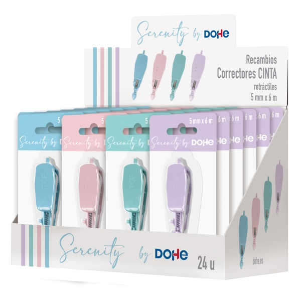 Dohe Serenity Expositor con 24 Recambios de Cinta Correctora - 5mm x 6m - Retractil - Colores Surtidos Dohe Serenity Expositor con 24 Recambios de Cinta Correctora - 5mm x 6m - Retractil - Colores Surtidos
