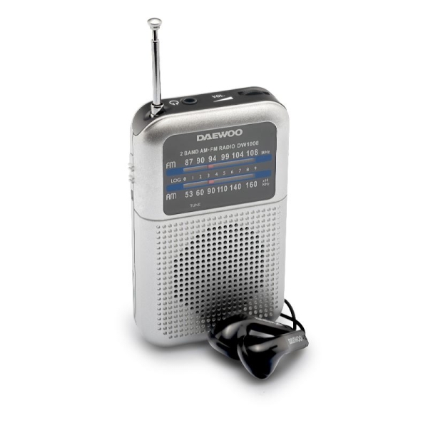Daewoo DW1008 Radio Portatil AM/FM - Antena Telescopica y Sintonizacion Analogica Precisa - Altavoz Integrado - Salida Auriculares Jack 3.5mm - Compacto y Ligero para Uso Diario - Color Plata