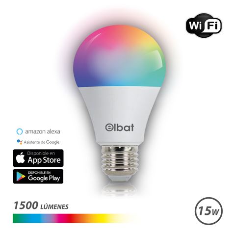Elbat Bombilla LED Smart Wi-Fi A65 E27 15W 1500lm RGB - Temperatura 2700K a los 6000K - Control de Voz - Control Remoto - 3 Modos de Color: Frio, Natural y Calido