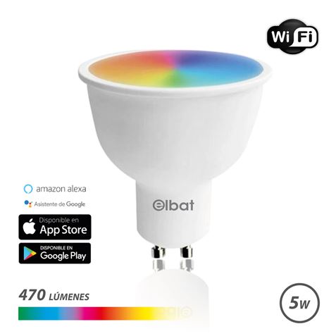 Elbat Bombilla LED Smart Wi-Fi GU10 5W 470lm RGB - Temperatura 2700K a los 6000K - Control de Voz - Control Remoto - 3 Modos de Color: Frio, Natural y Calido