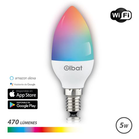 Elbat Bombilla LED Vela Smart Wi-Fi C37 E14 5W 470lm RGB - Temperatura 2700K a los 6000K - Control de Voz - Control Remoto - 3 Modos de Color: Frio, Natural y Calido