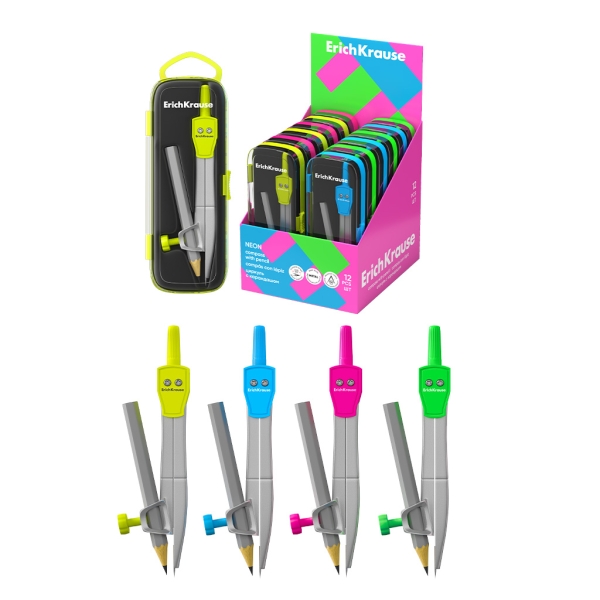 ErichKrause Neon Expositor con 12 Compases con Lapiz - Cuerpo Metalico - 123mm de Longitud - Radio Maximo de 185mm - Colores Surtidos ErichKrause Neon Expositor con 12 Compases con Lapiz - Cuerpo Metalico - 123mm de Longitud - Radio Maximo de 185mm - Colores Surtidos