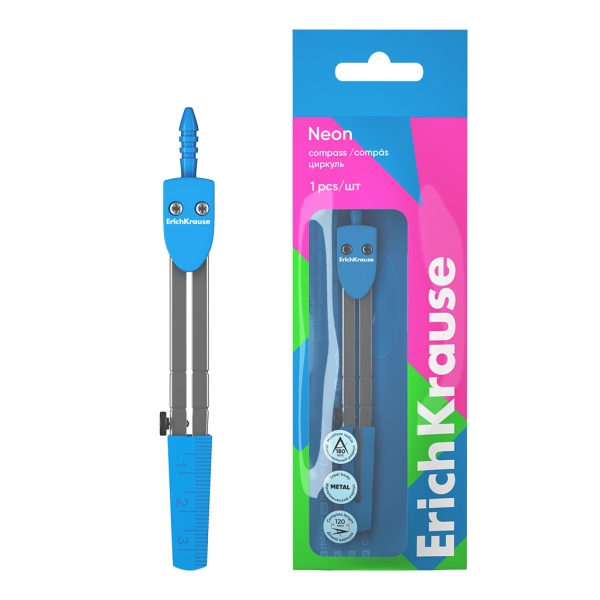 ErichKrause Neon Compas Escolar - Cuerpo Metalico - 120mm de Longitud - Radio Maximo de 180mm - Bolsa de Polietileno - Color Azul ErichKrause Neon Compas Escolar - Cuerpo Metalico - 120mm de Longitud - Radio Maximo de 180mm - Bolsa de Polietileno - Color Azul