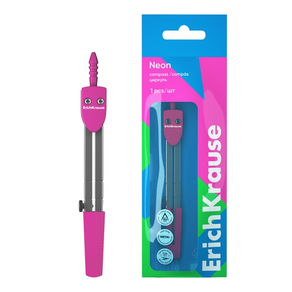 ErichKrause Neon Compas Escolar - Cuerpo Metalico - 120mm de Longitud - Radio Maximo de 180mm - Bolsa de Polietileno - Color Rosa ErichKrause Neon Compas Escolar - Cuerpo Metalico - 120mm de Longitud - Radio Maximo de 180mm - Bolsa de Polietileno - Color Rosa