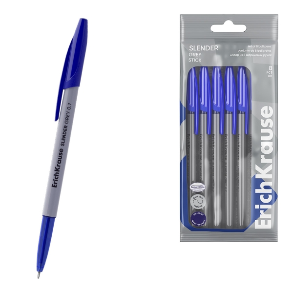 ErichKrause Slender Stick Grey Pack de 8 Boligrafos con Capuchon - Punta de Aguja 0.7mm - Cuerpo Opaco Gris - Trazo 0.26mm - Tinta de Baja Viscosidad - Tapa Ventilada - Color Azul ErichKrause Slender Stick Grey Pack de 8 Boligrafos con Capuchon - Punta de Aguja 0.7mm - Cuerpo Opaco Gris - Trazo 0.26mm - Tinta de Baja Viscosidad - Tapa Ventilada - Color Azul