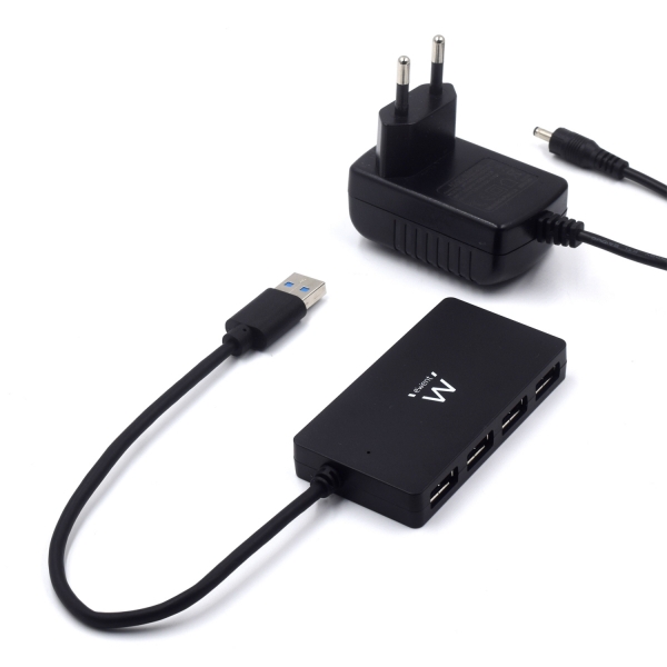 Ewent Hub USB 4 en 1 - Alimentacion Externa - USB 3.2 Gen1 - Cable de 52.5cm - Color Negro