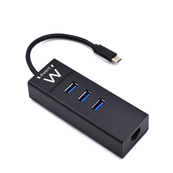 Ewent Hub USB-C 4 en 1 - 3x USB-A - 1x RJ45 - hasta 1000Mbps - Cable de 15cm - Color Negro