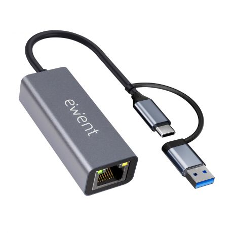Ewent Adaptador de Red USB-C + USB-A a Ethernet Gigabit 10/100/1000 Mbps - 15 cm - Color Gris Ewent Adaptador de Red USB-C + USB-A a Ethernet Gigabit 10/100/1000 Mbps - 15 cm - Color Gris