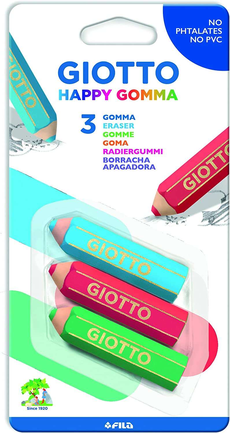 Giotto Happy Goma Pack de 3 Gomas de Borrar - Plastico - Colores Surtidos