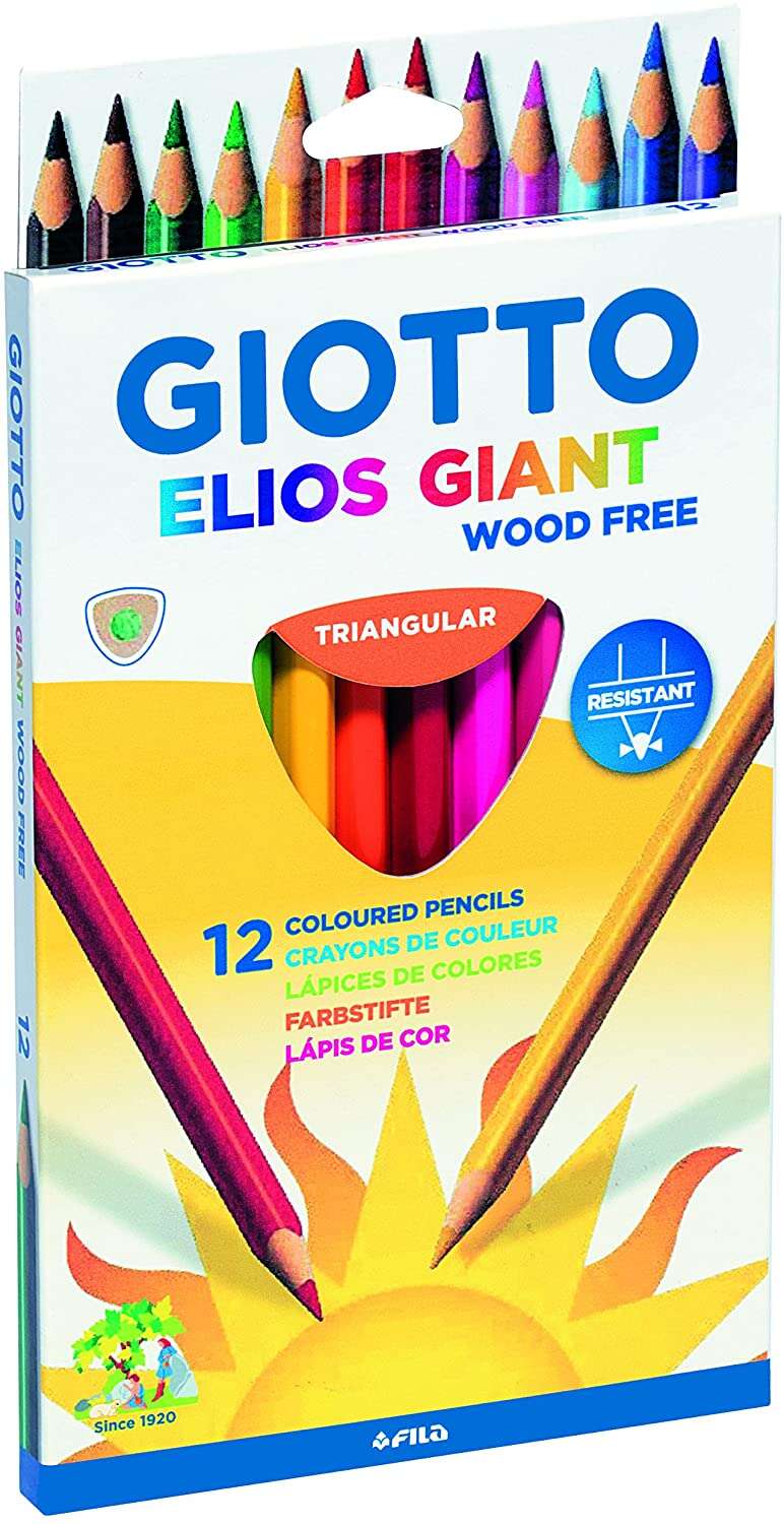 Giotto Elios Giant Wood Free Pack de 12 Lapices Triangulares de Colores - Sin Madera - Mina 5 mm - Colores Surtidos