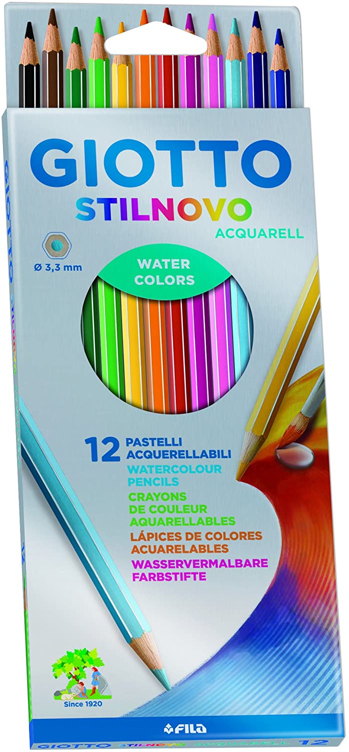 Giotto Stilnovo Acquarell Pack de 12 Lapices de Colores Acuarelables Hexagonales - Mina 3.3 mm - Madera - Colores Surtidos