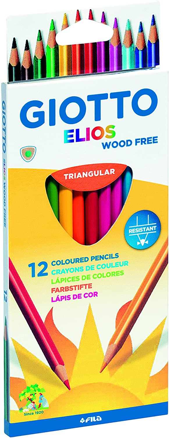 Giotto Elios Wood Free Pack de 12 Lapices de Colores Triangulares - Sin Madera - Mina 3.3 mm - Colores Surtidos