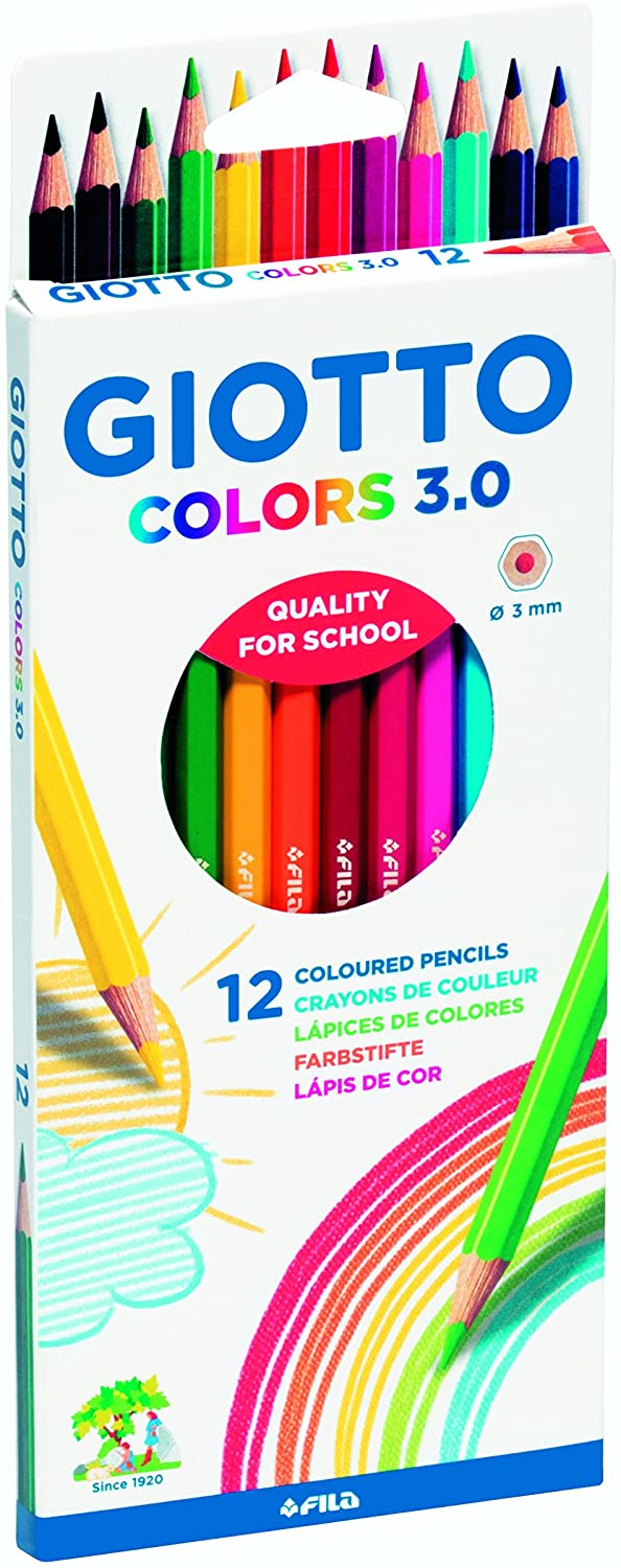 Giotto Colors 3.0 Pack de 12 Lapices de Colores Hexagonales - Mina 3 mm - Madera - Colores Surtidos