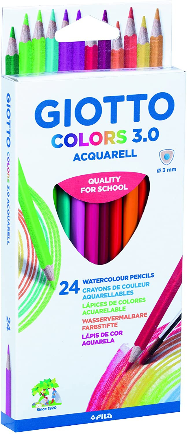 Giotto Colors Acquarell 3.0 Pack de 24 Lapices de Colores Acuarelables Triangulares - Mina 3 mm - Madera - Colores Surtidos