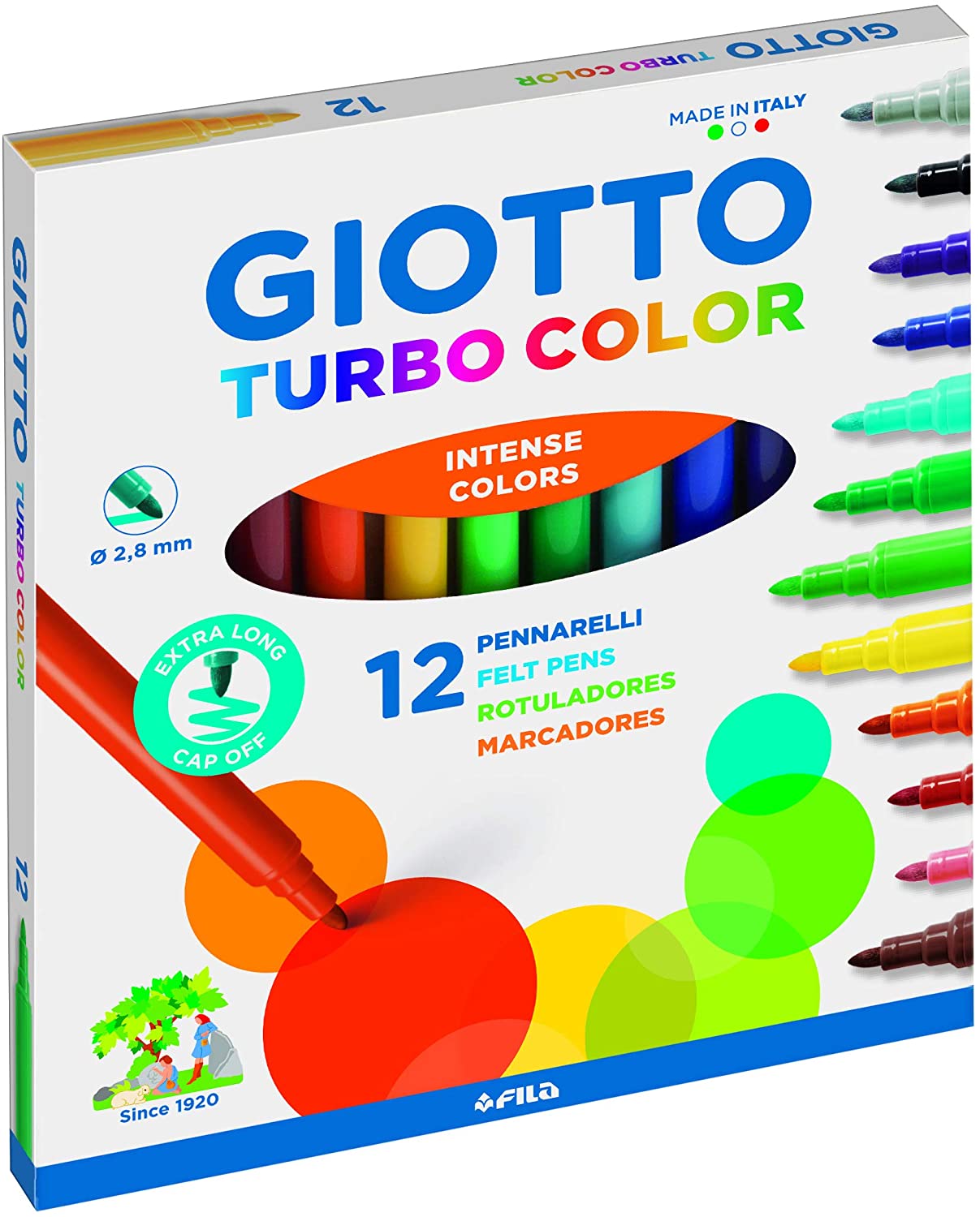Giotto Turbo Color Pack de 12 Rotuladores - Punta Fina 2.8 mm - Tinta al Agua - Colores Surtidos - Lavable