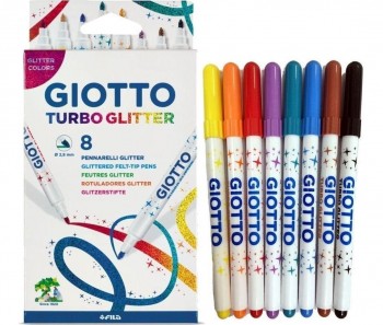 Giotto Turbo Glitter Pack de 8 Rotuladores - Punta Fina 2.8mm - Tinta al Agua - Lavable - Colores Surtidos
