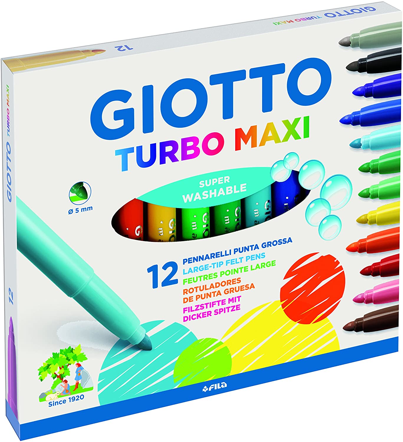 Giotto Turbo Maxi Pack de 12 Rotuladores - Punta Gruesa 5mm - Tinta al Agua - Lavable - Colores Surtidos