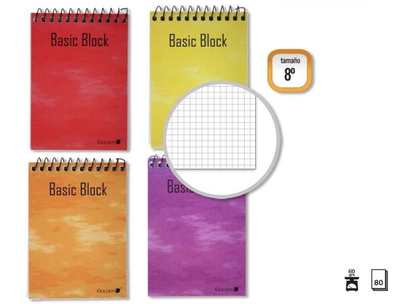 Golden Cuaderno Espiral Superior 8º Apaisado (153x102mm) 80 Hojas 60gr Cuadricula 4x4 - Tapa Plastificada - Margen Remarcado - Colores Surtidos