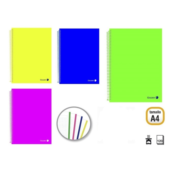 Golden Pack de 4 Cuadernos A4 120 Hojas 90gr Cuadricula 5x5 - Hojas Microperforadas con Banda de Color y 4 Taladros - Tapa Polipropileno - Colores Surtidos