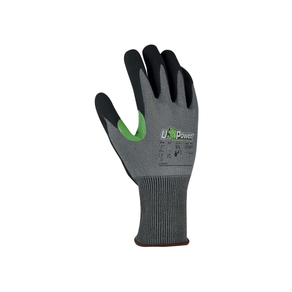 Upower Jasper Pack de 144 Guantes Resistentes a Cortes - Talla 7 - Proteccion Mecanica y Termica, Alto Agarre y Sensibilidad, Recubrimiento Canalizador, Refuerzo Duradero, Compatibles con Pantallas Tactiles - Color Verde y Gris