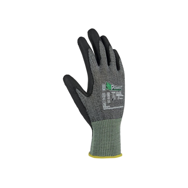 Upower Samba Guantes de Trabajo Anticorte B - Talla 10 - Proteccion Mecanica y Termica, Acabado 15 Agujas, Revestimiento PU-FOAM, Compatibles Pantallas Tactiles, Puño Nailon Elastico - Color Gris y Verde