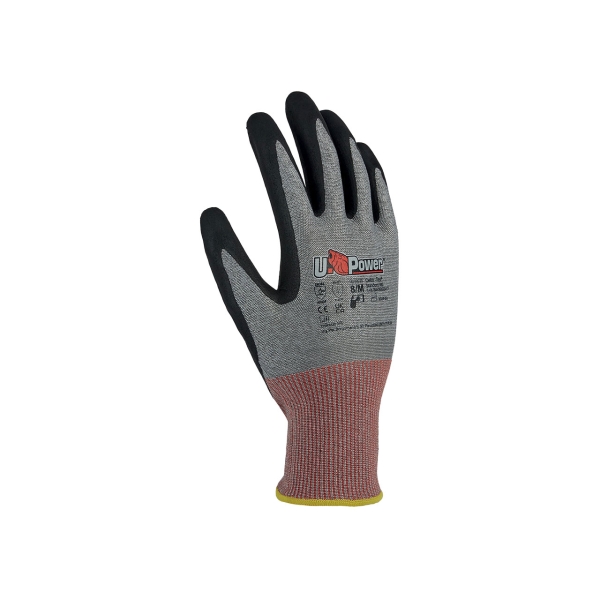 Upower Mazurka Guante de Trabajo Anticorte - Talla 7 - Resistencia Mecanica y Termica, Agarre Superior, Sensibilidad Tactil, Compatible Pantallas Tactiles, Nanoespuma Nitrilo - Color Gris y Rojo