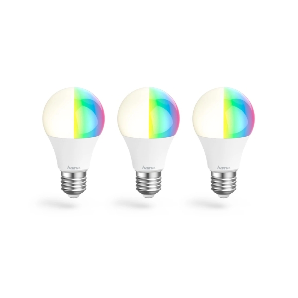 Hama Pack de 3 Bombillas LED E27 Inteligente - Potencia 8.5W - RGBW - WiFi - Compatible con Asistente de Voz - Control con App - IP20 - Color Blanco