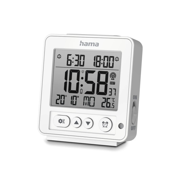 Hama Rhodes Radio Reloj Despertador - Pantalla Digital - Termometro - Funcion de Repeticion de Alarma - 2 Alarmas Configurables - Zona Horaria Ajustable - 9x2.5x10cm - Color Blanco