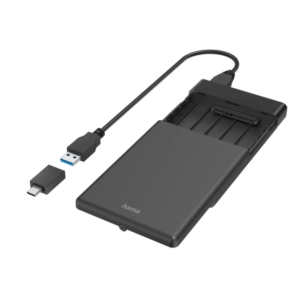 Hama Essential Carcasa Externa para Ssd y HDD de 2.5\" - Cable USB-A de 50cm - Velocidad hasta 5Gbps - Adaptador USB-C - 13.3x8.7x1.6cm - Color Negro