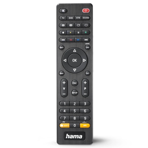 Hama Mando a Distancia para TV - Universal - Recargable - Alcance 10m - 45 Botones - Acceso Directo a Plataformas de Streaming - Permite 4 Dispositivos Simultaneos - 17.5x4.5x2cm - Color Negro