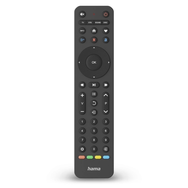 Hama Mando a Distancia para TV - Universal - Alcance 10m - 43 Botones - Acceso Directo a Plataformas de Streaming - Permite 4 Dispositivos Simultaneos - 20.2x4.7x2.1cm - Color Negro