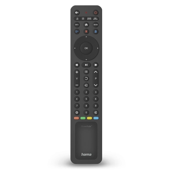 Hama Mando a Distancia para TV - Universal - Panel Solar de Carga - Alcance 10m - 43 Botones - Acceso Directo a Streaming - Permite 8 Dispositivos Simultaneos - 23.4x5.1x2.2cm - Color Negro