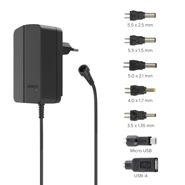 Hama Fuente de Alimentacion Multidispositivo - Potencia 18W - Voltaje 12V - Indicador LED - 7 Adaptadores - Intensidad Maxima 1.5A - Voltaje Ajustable - Color Negro Hama Fuente de Alimentacion Multidispositivo - Potencia 18W - Voltaje 12V - Indicador LED - 7 Adaptadores - Intensidad Maxima 1.5A - Voltaje Ajustable - Color Negro