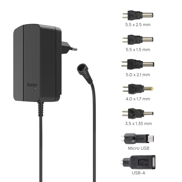Hama Fuente de Alimentacion Multidispositivo - Potencia 27W - Voltaje 12V - Indicador LED - 7 Adaptadores - Intensidad Maxima 2.25A - Voltaje Ajustable - Color Negro Hama Fuente de Alimentacion Multidispositivo - Potencia 27W - Voltaje 12V - Indicador LED - 7 Adaptadores - Intensidad Maxima 2.25A - Voltaje Ajustable - Color Negro