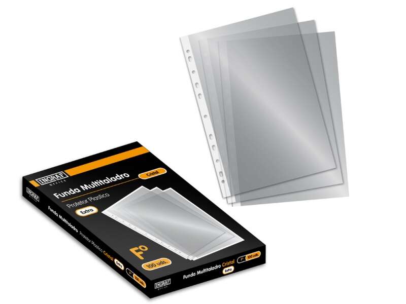 Ingraf Pack de 100 Fundas Multitaladro - Tamaño Folio - Acabado en Cristal - Transparente Ingraf Pack de 100 Fundas Multitaladro - Tamaño Folio - Acabado en Cristal - Transparente