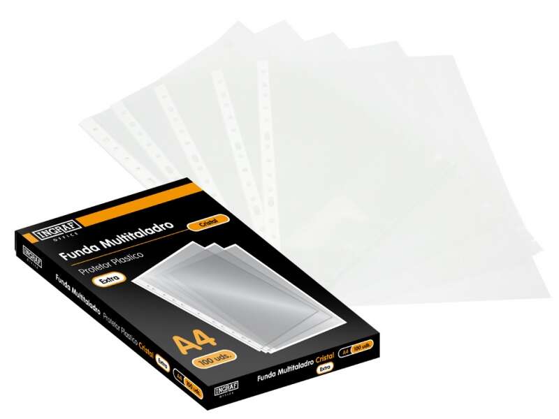 Ingraf Pack de 100 Fundas Multitaladro A4 Transparentes - Acabado en Cristal Ingraf Pack de 100 Fundas Multitaladro A4 Transparentes - Acabado en Cristal