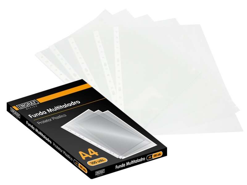 Ingraf Pack de 100 Fundas Multitaladro A4 Transparentes 70 Micras - Acabado Granulado Ingraf Pack de 100 Fundas Multitaladro A4 Transparentes 70 Micras - Acabado Granulado