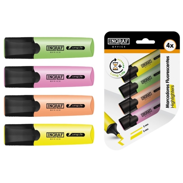 Ingraf Long-Life Pack con 4 Marcadores Fluorescentes - Punta Biselada - Trazo 2-5mm - Tinta Base de Agua - Colores Surtidos Ingraf Long-Life Pack con 4 Marcadores Fluorescentes - Punta Biselada - Trazo 2-5mm - Tinta Base de Agua - Colores Surtidos